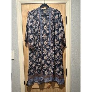 Mystree Kimono Womens Large Boho Paisley Cardigan Navy Blue Duster Open Front